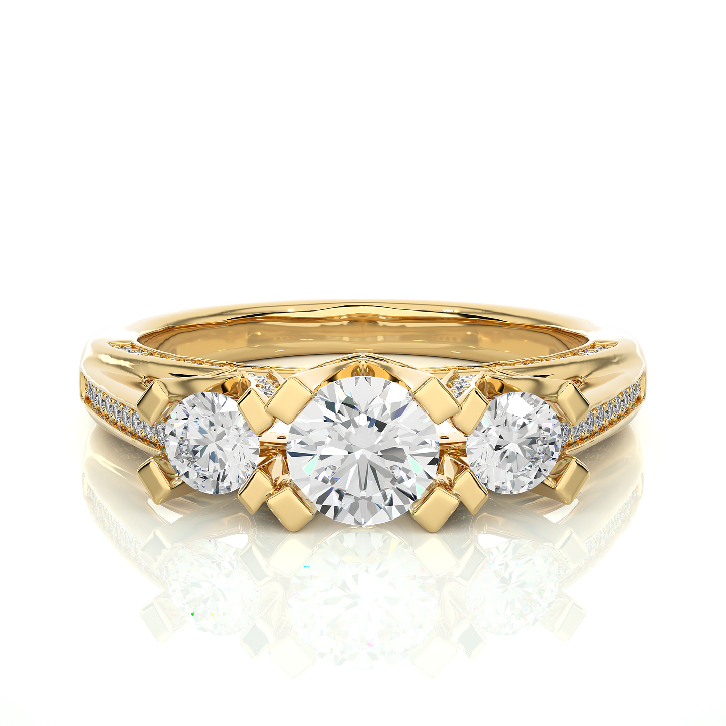 1.19 Ct Round Cut Lab grown Diamond Ring Three stone And Pave and Side Stone wedding Ring For Her - HIGHCARAT DIAMONDS