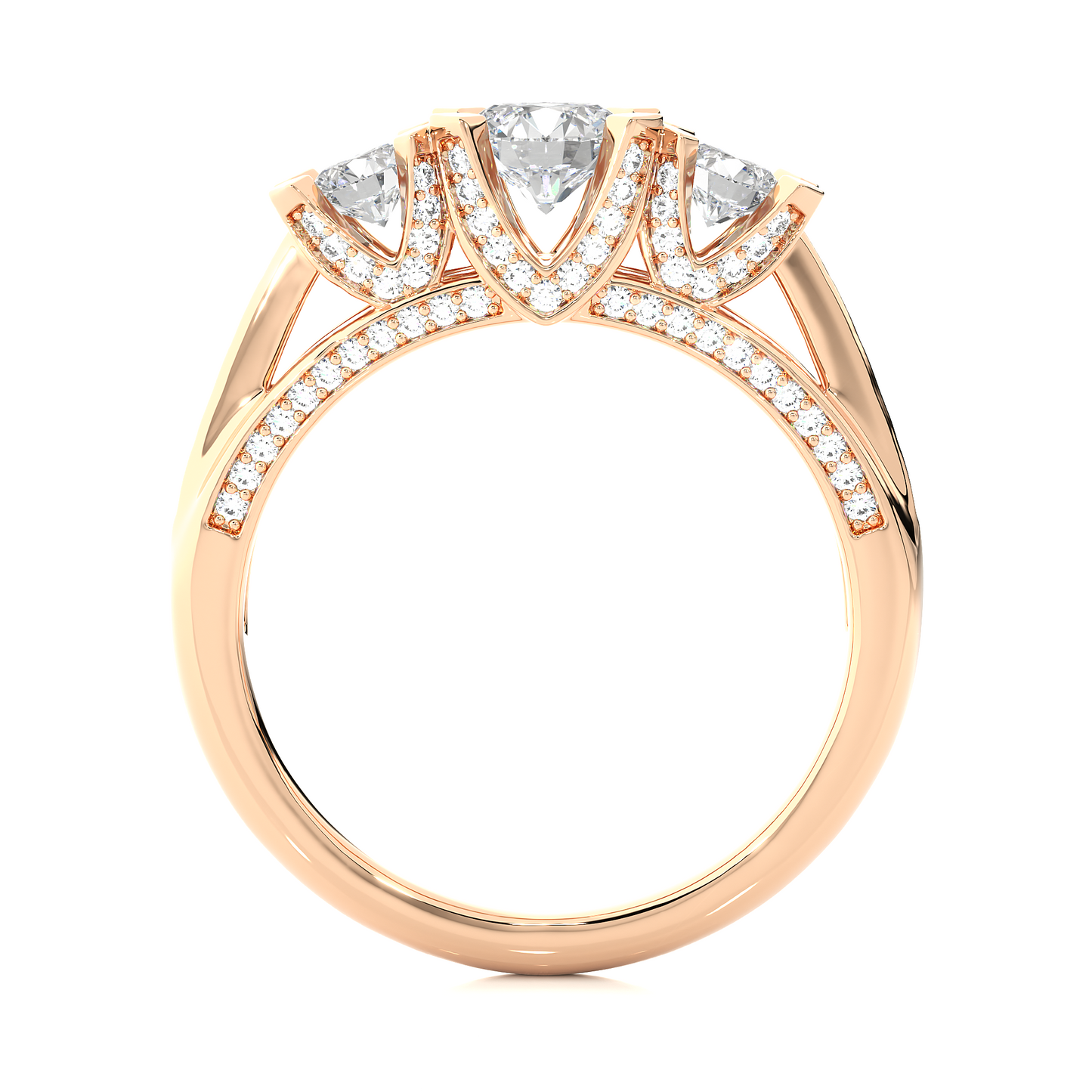 1.19 Ct Round Cut Lab grown Diamond Ring Three stone And Pave and Side Stone wedding Ring For Her - HIGHCARAT DIAMONDS