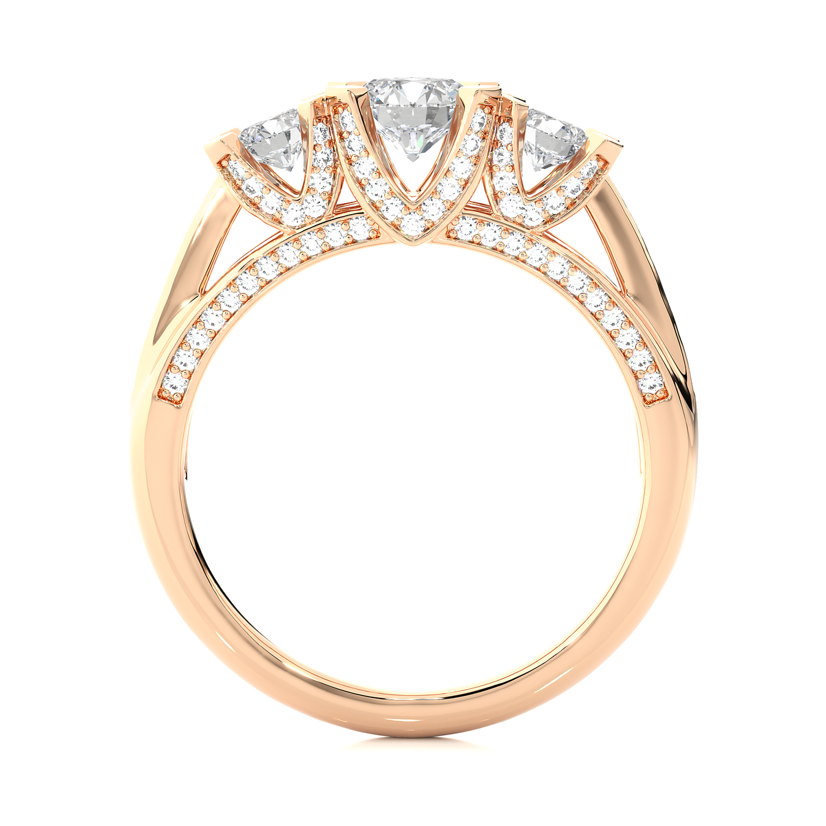 1.19 Ct Round Cut Lab grown Diamond Ring Three stone And Pave and Side Stone wedding Ring For Her - HIGHCARAT DIAMONDS