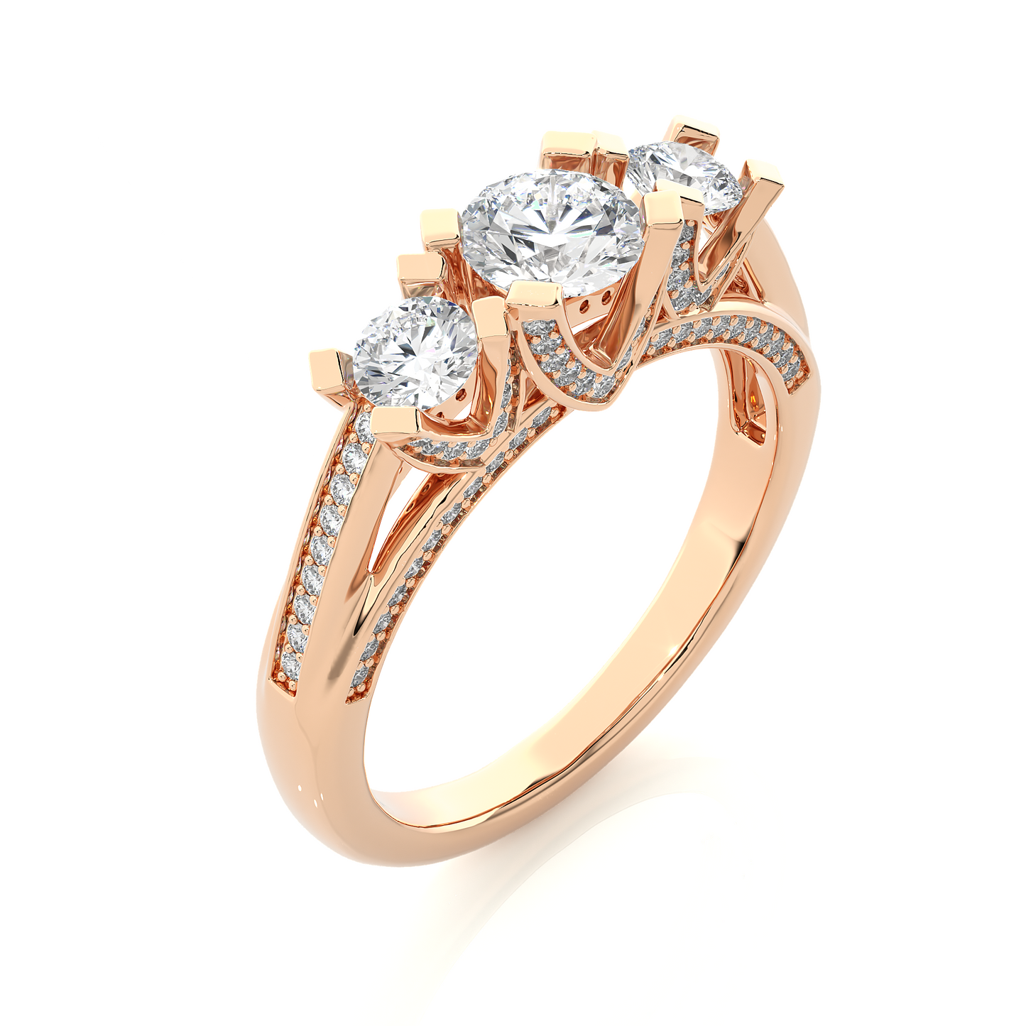 1.19 Ct Round Cut Lab grown Diamond Ring Three stone And Pave and Side Stone wedding Ring For Her - HIGHCARAT DIAMONDS