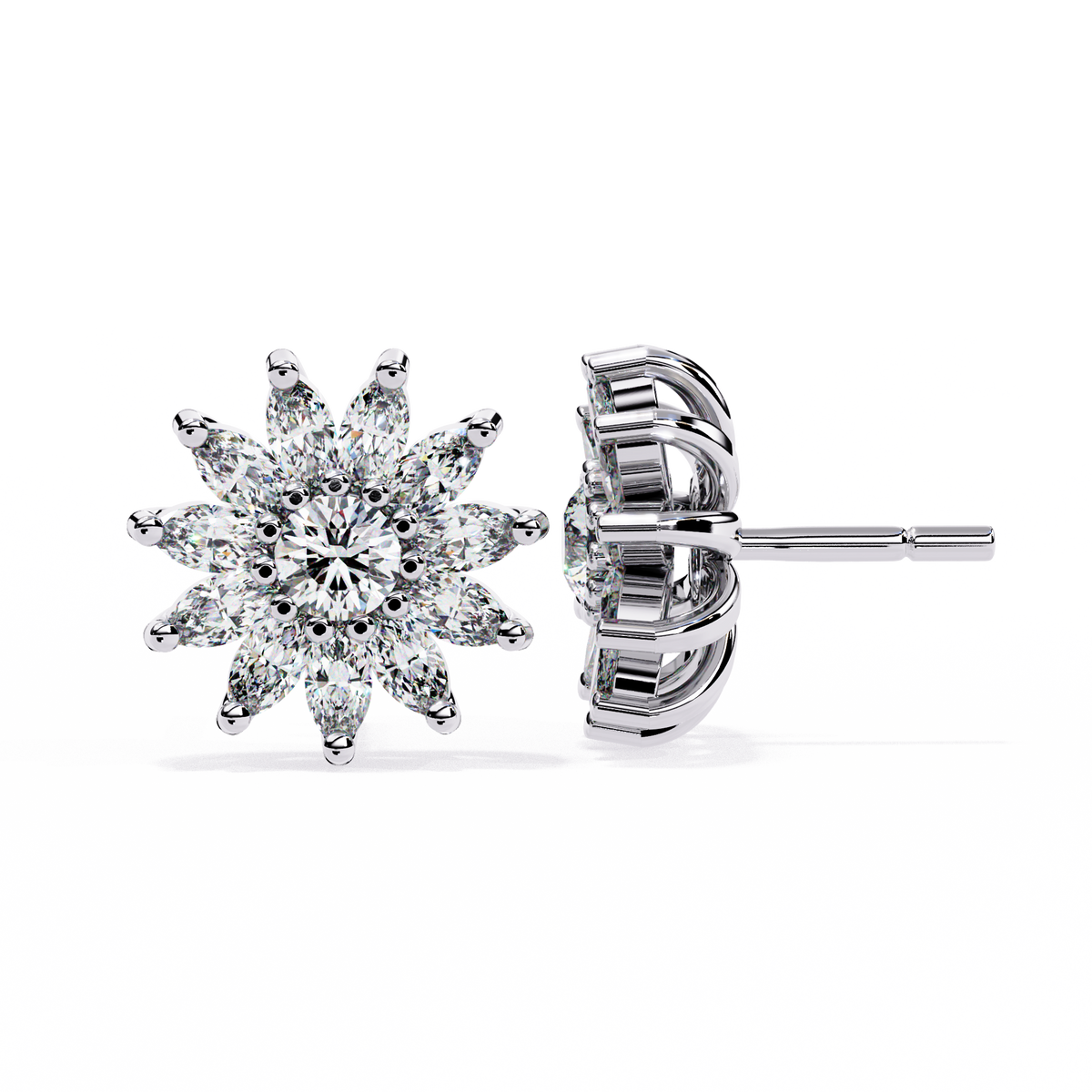 Marquise and Round Cut Diamond Flower Earrings Close-Up Detail