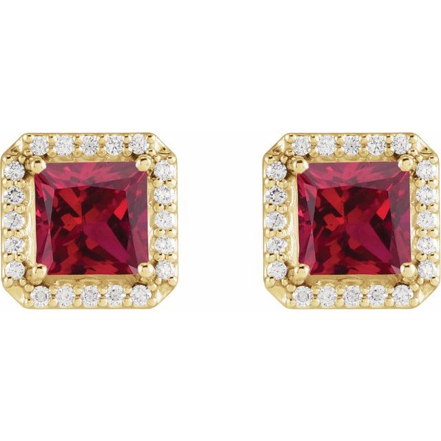 14K Yellow  Lab-Grown Ruby 1/6 CTW Natural Diamond Halo-Style Earrings