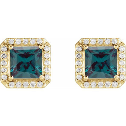 14K Yellow  Lab-Grown Alexandrite 1/6 CTW Natural Diamond Halo-Style Earrings