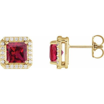 14K Yellow  Lab-Grown Ruby 1/6 CTW Natural Diamond Halo-Style Earrings