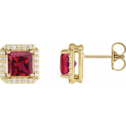14K Yellow  Lab-Grown Ruby 1/6 CTW Natural Diamond Halo-Style Earrings