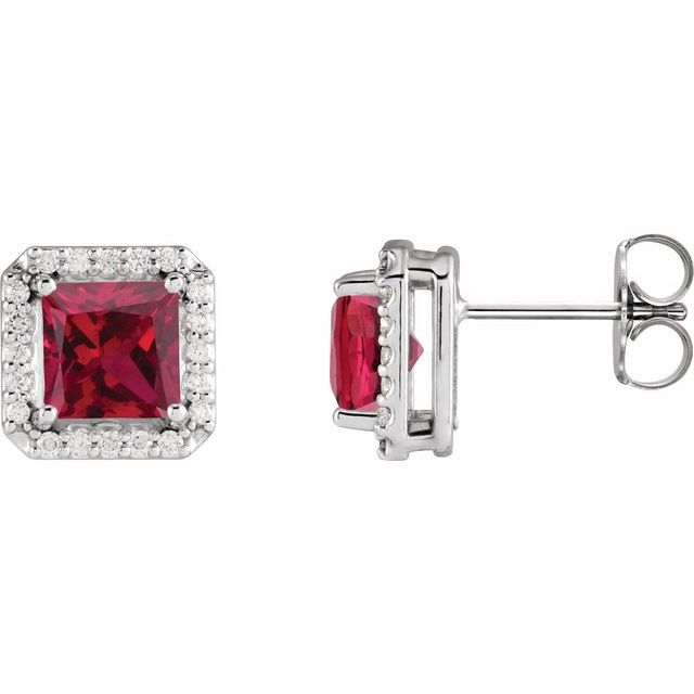 14K Yellow  Lab-Grown Ruby 1/6 CTW Natural Diamond Halo-Style Earrings