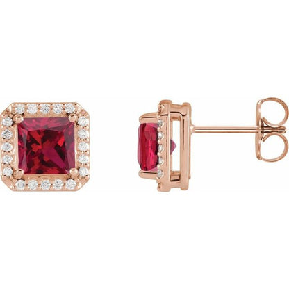 14K Yellow  Lab-Grown Ruby 1/6 CTW Natural Diamond Halo-Style Earrings