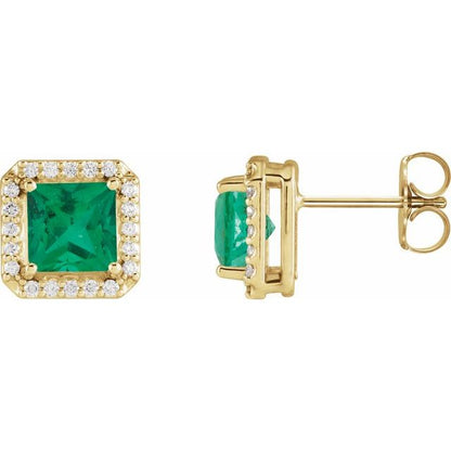 14K Rose  Lab-Grown Emerald 1/6 CTW Natural Diamond Halo-Style Earrings