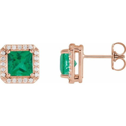 14K Rose  Lab-Grown Emerald 1/6 CTW Natural Diamond Halo-Style Earrings