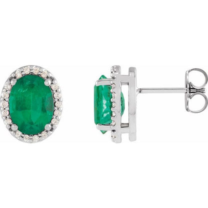 14K Yellow  Lab-Grown Emerald & .04 CTW Natural Diamond Halo-Style Earrings