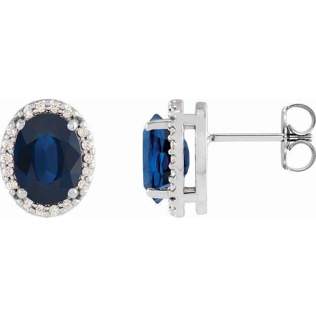 14K Yellow  Lab-Grown Blue Sapphire & .04 CTW Natural Diamond Halo-Style Earrings