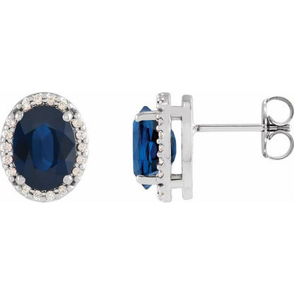 14K Yellow  Lab-Grown Blue Sapphire & .04 CTW Natural Diamond Halo-Style Earrings