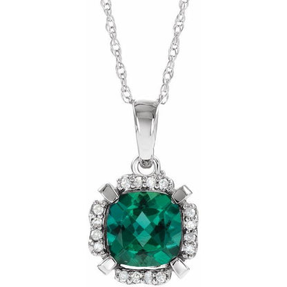 14K White Lab-Grown Emerald & .04 CTW Natural Diamond 18" Necklace