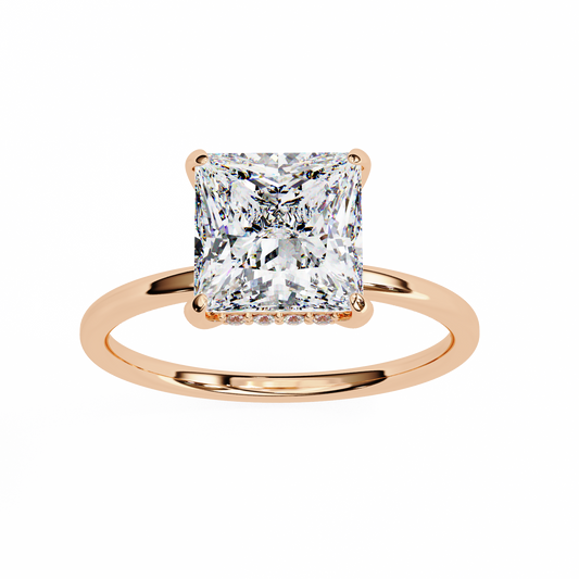 10k Solid Gold Princess And Round Cut Lab Grown Diamond hidden halo Daily Wear Women's Ring