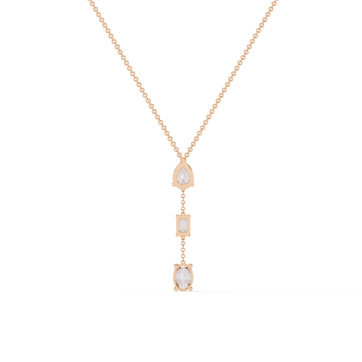 10k Solid Rose Gold  Oval , Pear And Emerald Cut 1.54 Ct Lab Grown Three Diamond Unique occasionally Wear Necklace - HIGHCARAT DIAMONDS