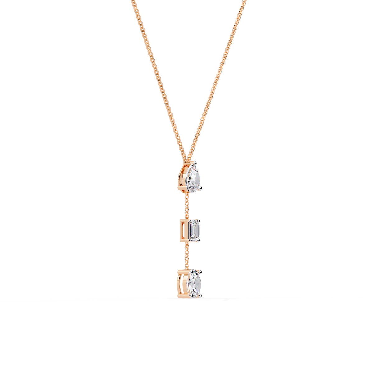 10k Solid Rose Gold  Oval , Pear And Emerald Cut 1.54 Ct Lab Grown Three Diamond Unique occasionally Wear Necklace - HIGHCARAT DIAMONDS
