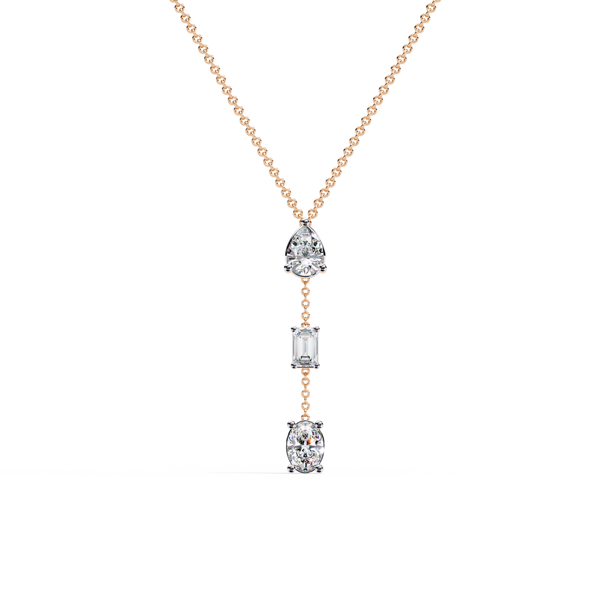 10k Solid Rose Gold  Oval , Pear And Emerald Cut 1.54 Ct Lab Grown Three Diamond Unique occasionally Wear Necklace - HIGHCARAT DIAMONDS