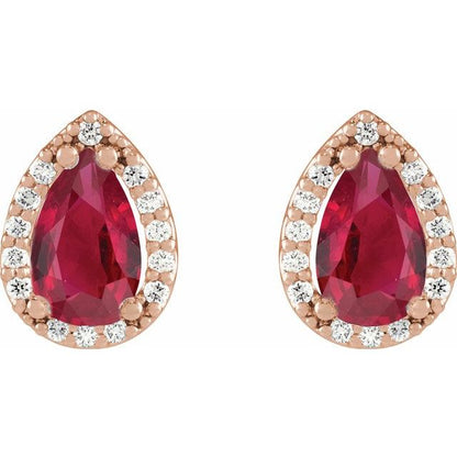 14K Rose Lab-Grown Ruby & .05 CTW Natural Diamond Halo-Style Earrings