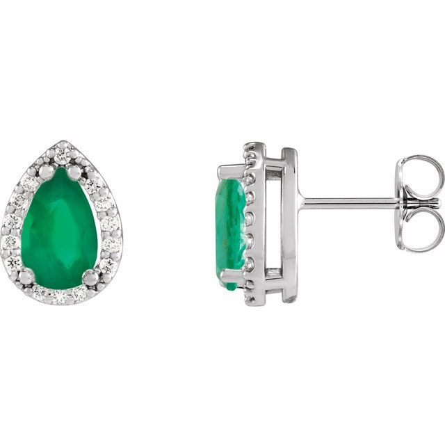 14K White Lab-Grown Emerald & .05 CTW Natural Diamond Halo-Style Earrings