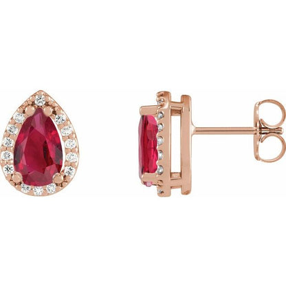 14K Rose Lab-Grown Ruby & .05 CTW Natural Diamond Halo-Style Earrings