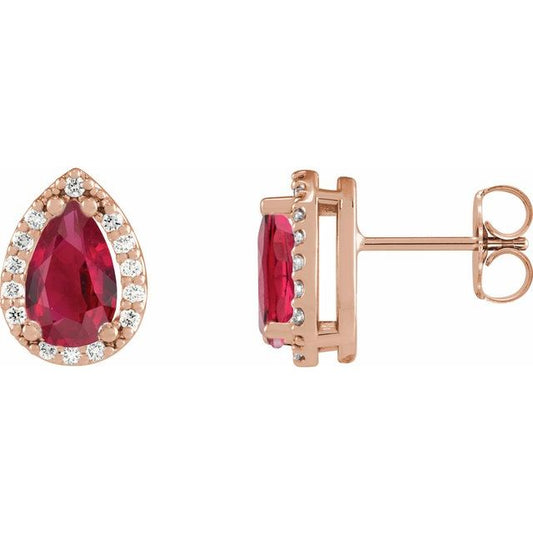 14K Rose Lab-Grown Ruby & .05 CTW Natural Diamond Halo-Style Earrings