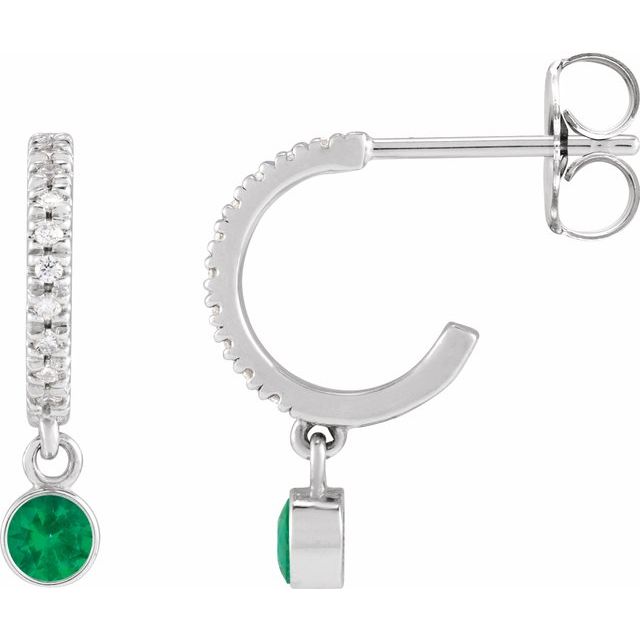 14K White Lab-Grown Emerald & .08 CTW Natural Diamond French-Set  Hoop Earrings