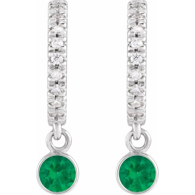 14K White Lab-Grown Emerald & .08 CTW Natural Diamond French-Set  Hoop Earrings