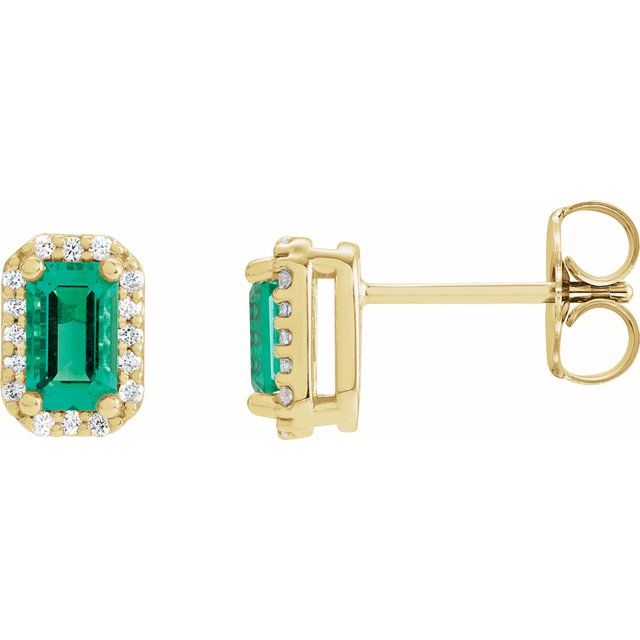 14K Yellow Lab-Grown Emerald & 1/6 CTW Natural Diamond Halo-Style Earrings