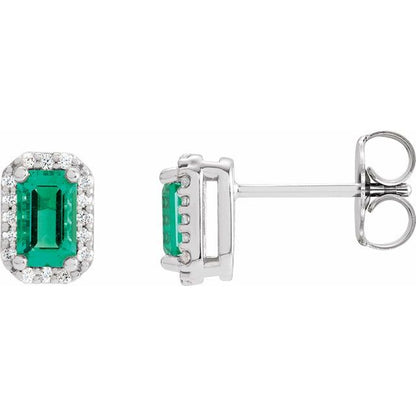 14K Yellow Lab-Grown Emerald & 1/6 CTW Natural Diamond Halo-Style Earrings