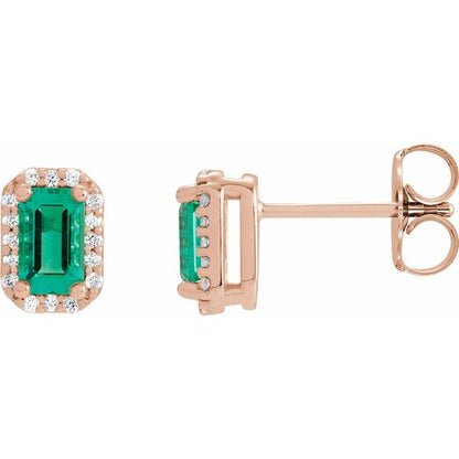 14K Yellow Lab-Grown Emerald & 1/6 CTW Natural Diamond Halo-Style Earrings