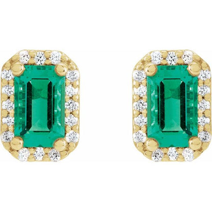 14K Yellow Lab-Grown Emerald & 1/6 CTW Natural Diamond Halo-Style Earrings