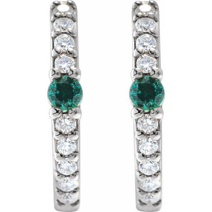 14K White Lab-Grown Emerald & 1/8 CTW Natural Diamond  Hoop Earring