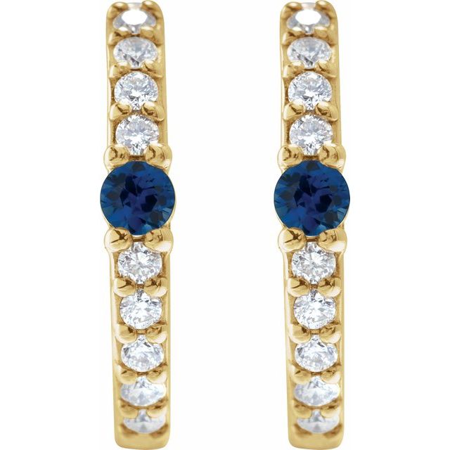 14K Yellow Lab-Grown Blue Sapphire & 1/8 CTW Natural Diamond  Hoop Earring