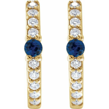 14K Yellow Lab-Grown Blue Sapphire & 1/8 CTW Natural Diamond  Hoop Earring