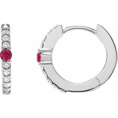 14K Yellow Lab-Grown Ruby & 1/8 CTW Natural Diamond  Hoop Earring