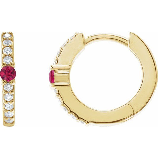 14K Yellow Lab-Grown Ruby & 1/8 CTW Natural Diamond  Hoop Earring
