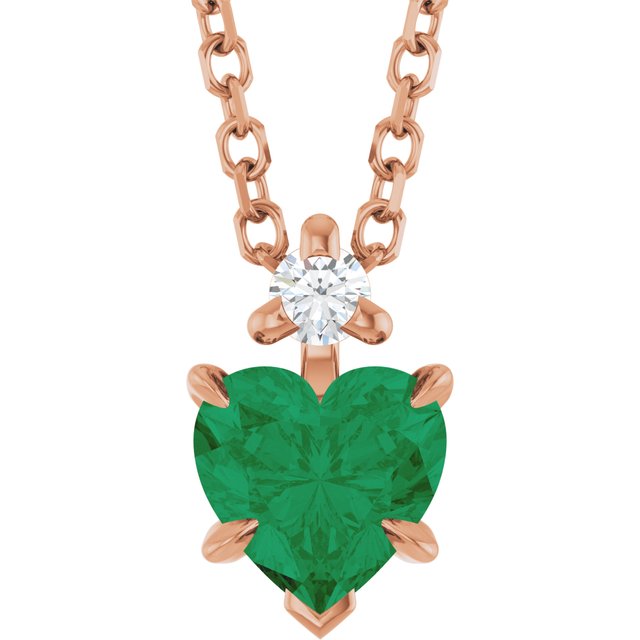 14K Yellow Lab-Grown Emerald & .03 CT Natural Diamond 16-18" pendant