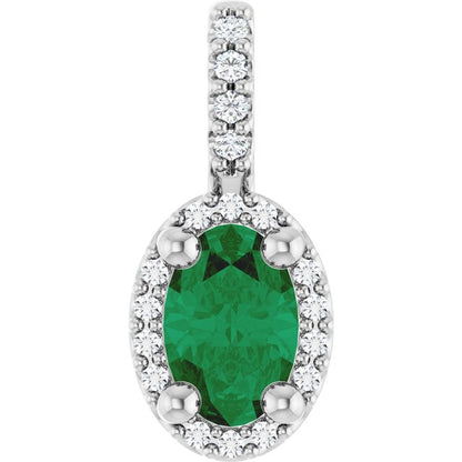 14K Yellow Lab-Grown Emerald & .07 CTW Natural Diamond Halo-Style Pendant