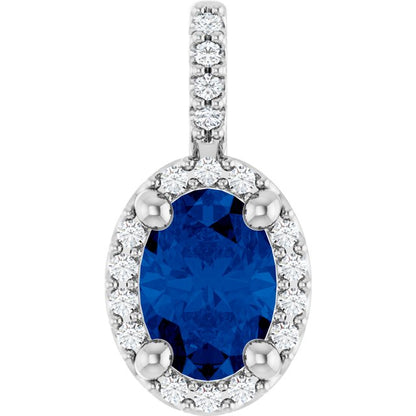 14K Rose Lab-Grown Blue Sapphire & .04 CTW Natural Diamond Halo-Style Pendant