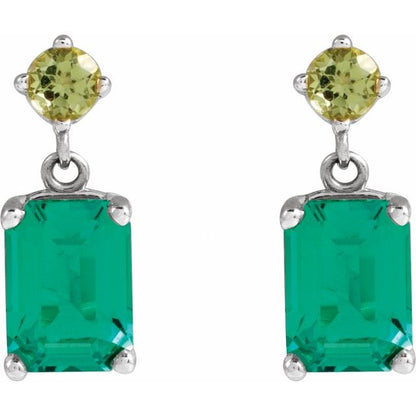 14K White Lab-Grown Emerald & Natural Peridot Dangle Earrings