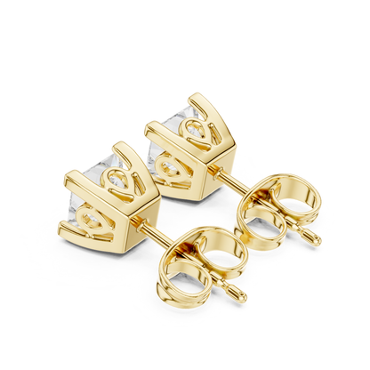 Princess Cut Solitaire Lab Grown Diamond Yellow Gold Stud Earring