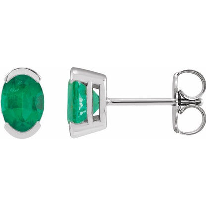 14K White  Lab-Grown Emerald Stud Earrings