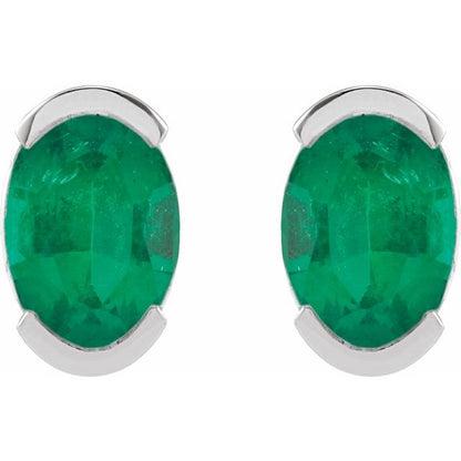 14K White  Lab-Grown Emerald Stud Earrings