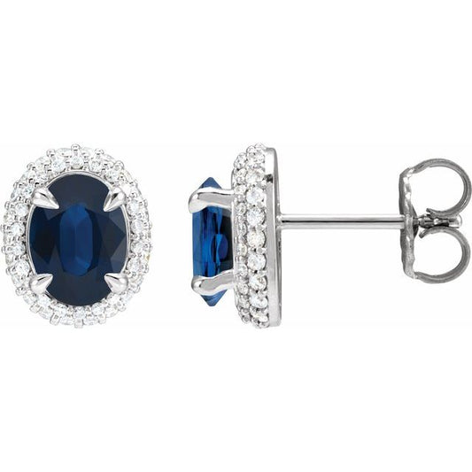 14K White Lab-Grown Blue Sapphire & 1/2 CTW Lab-Grown Diamond Double Halo-Style Earrings