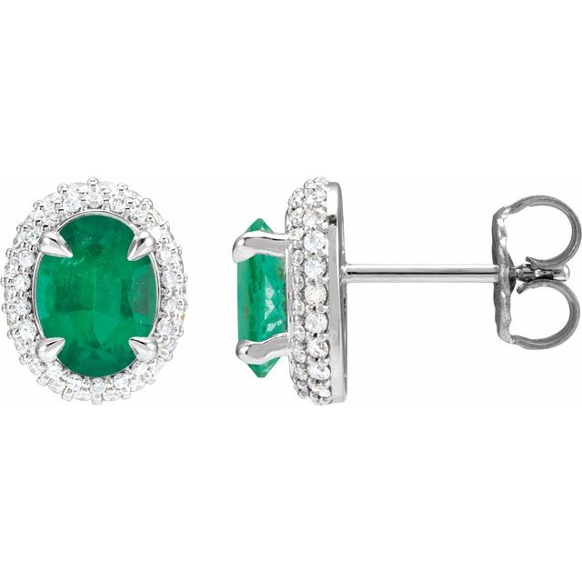 14K White Lab-Grown Emerald & 1/2 CTW Lab-Grown Diamond Double Halo-Style Earrings