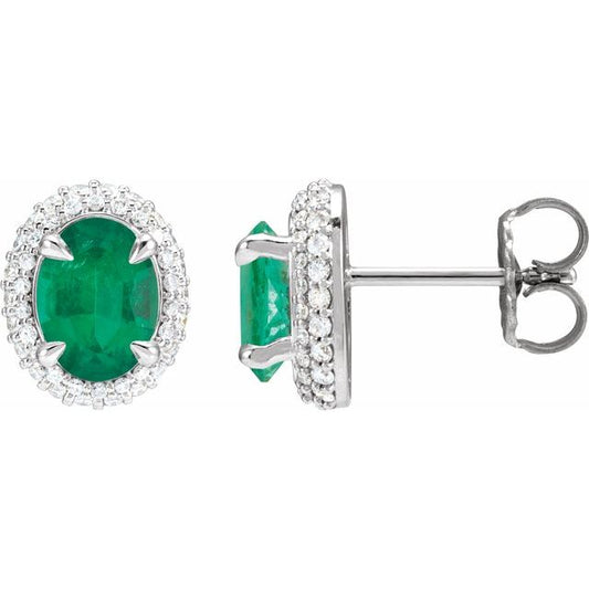 14K White Lab-Grown Emerald & 1/2 CTW Lab-Grown Diamond Double Halo-Style Earrings