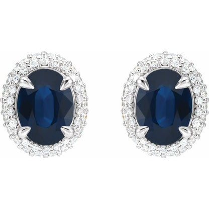 14K White Lab-Grown Blue Sapphire & 1/2 CTW Lab-Grown Diamond Double Halo-Style Earrings