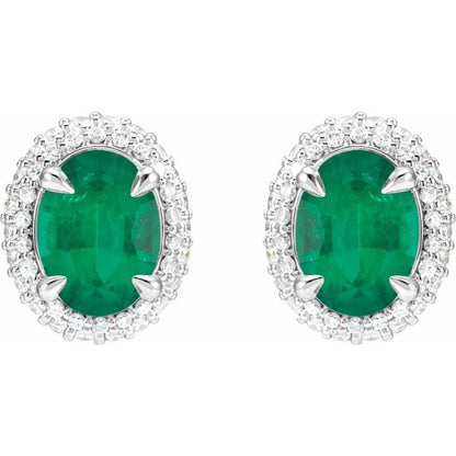 14K White Lab-Grown Emerald & 1/2 CTW Lab-Grown Diamond Double Halo-Style Earrings