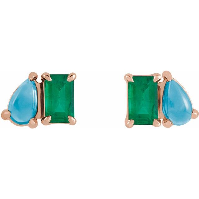 14K Rose Lab-Grown Emerald & Natural Turquoise Two-Stone Stud Earrings