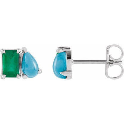 14K Rose Lab-Grown Emerald & Natural Turquoise Two-Stone Stud Earrings